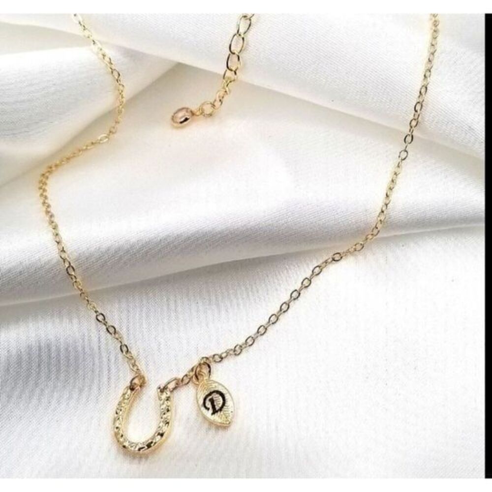Gold plated horse shoe chain pendant necklace Initial letter D.